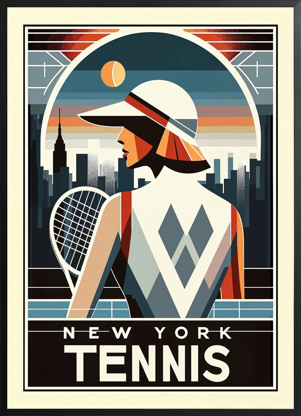 Encadrement noir mat autour de joueuse de tennis de dos a la visiere, skyline de New York