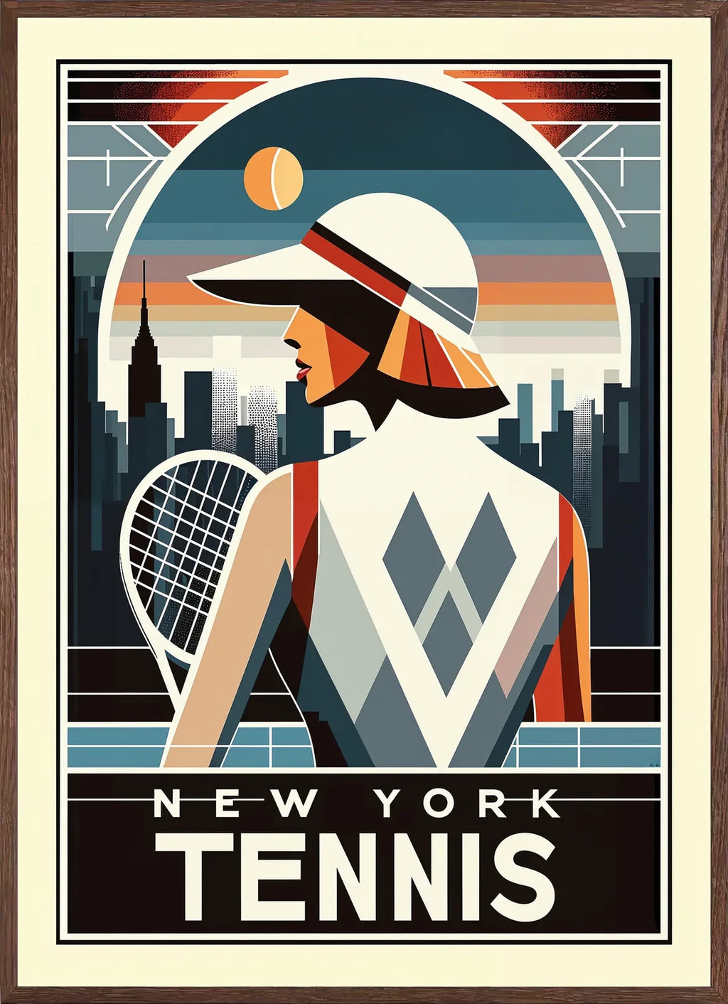 Cadre chene clair entourant joueuse de tennis de dos a la visiere, skyline de New York