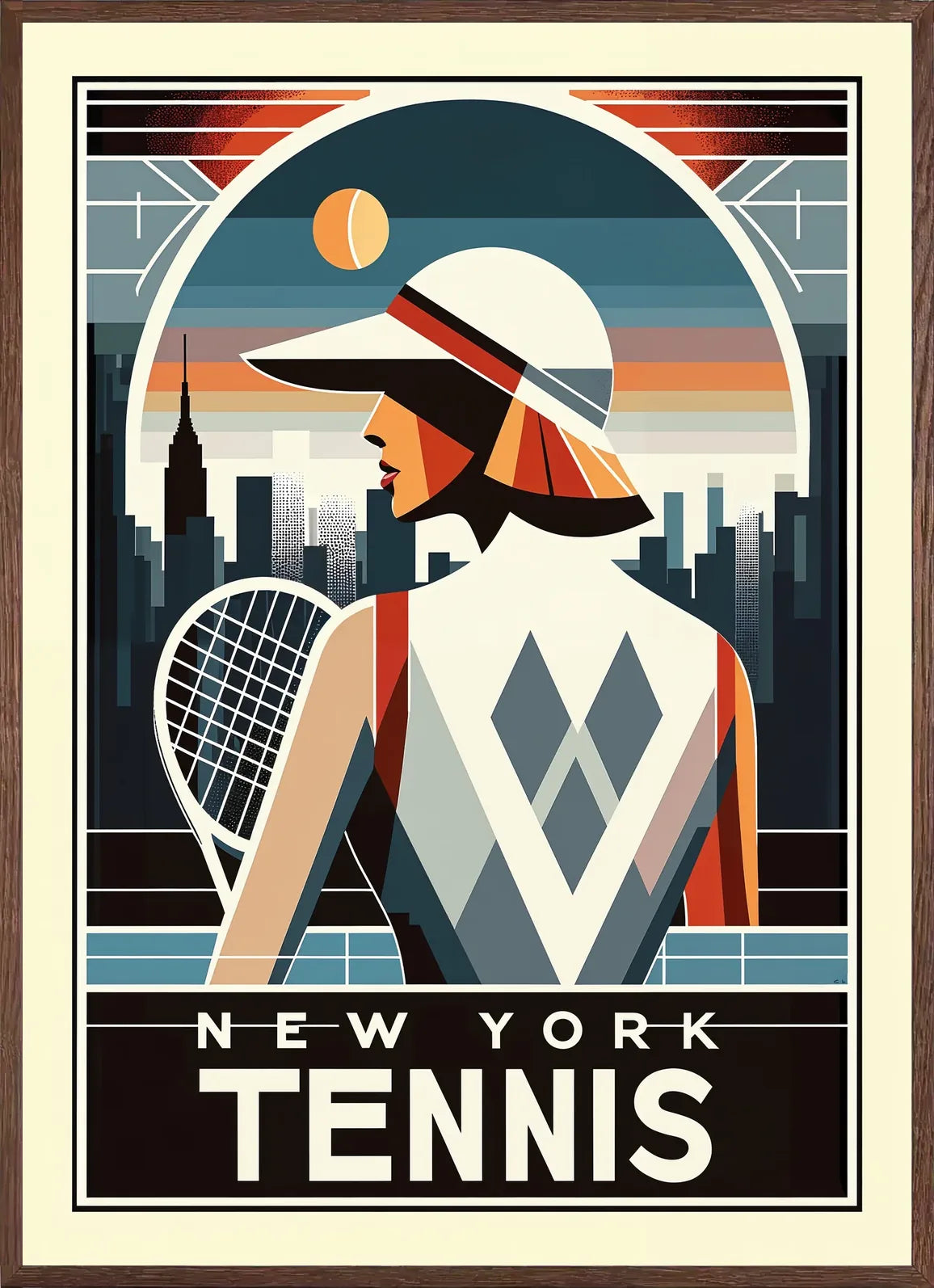 Cadre chene clair entourant joueuse de tennis de dos a la visiere, skyline de New York