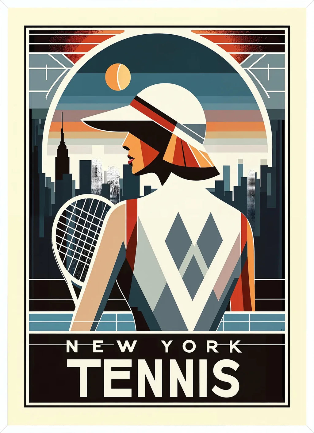 Cadre blanc epure presentant joueuse de tennis de dos a la visiere, skyline de New York