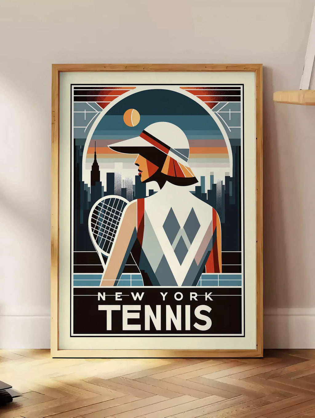 Estampe joueuse de tennis de dos a la visiere, posee au sol dans un coin salon, sur un parquet a chevrons, pres d'une table d'appoint en chene chargee de livres