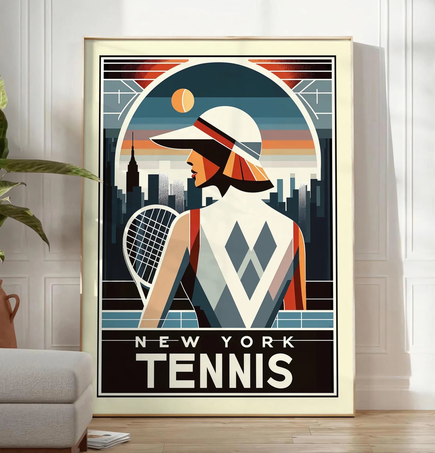 Reproduction joueuse de tennis de dos a la visiere, posee au sol dans un salon minimaliste clair, a cote d'un canape beige et d'une plante verte, sur un parquet clair