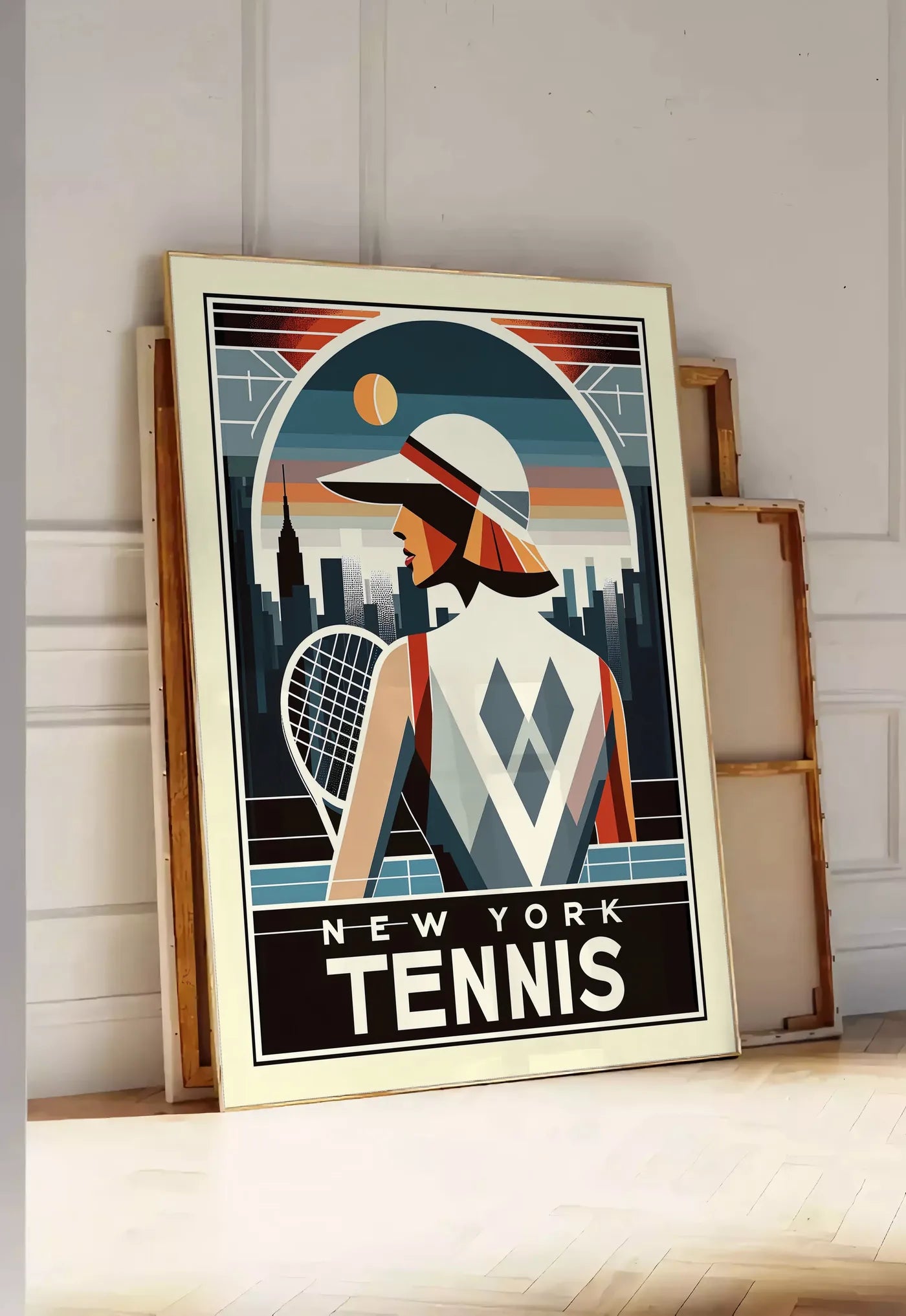 Tirage encadrable joueuse de tennis de dos a la visiere, posee au sol dans une entree lumineuse, contre un mur a panneaux blancs, a cote de chassis en bois empiles