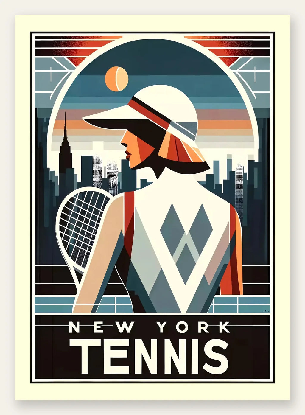 Joueuse de tennis de dos a la visiere, skyline de New York au crepuscule
