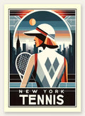Joueuse de tennis de dos a la visiere, skyline de New York au crepuscule