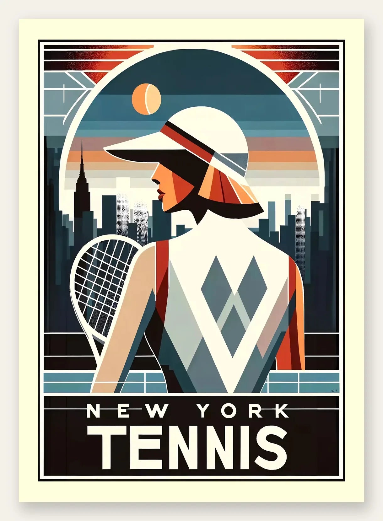Joueuse de tennis de dos a la visiere, skyline de New York au crepuscule