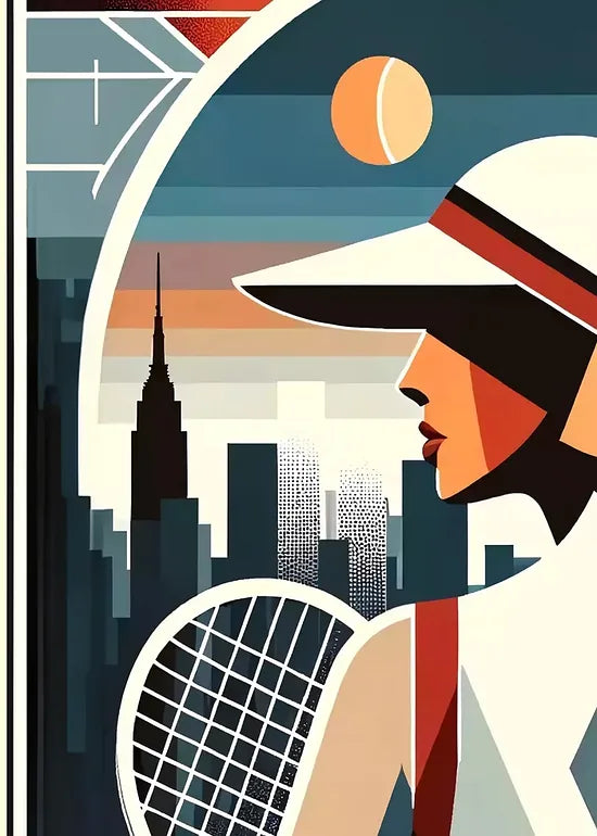 Gros plan sur joueuse de tennis de dos a la visiere, skyline de New York au crepuscule