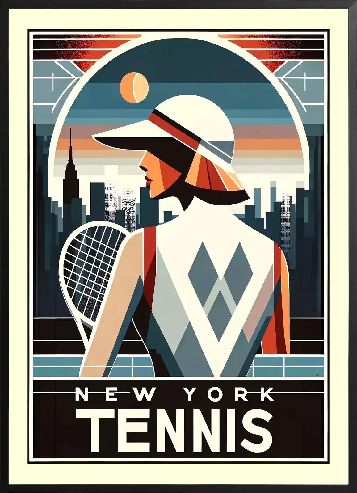 Encadrement noir mat autour de joueuse de tennis de dos a la visiere, skyline de New York au crepuscule