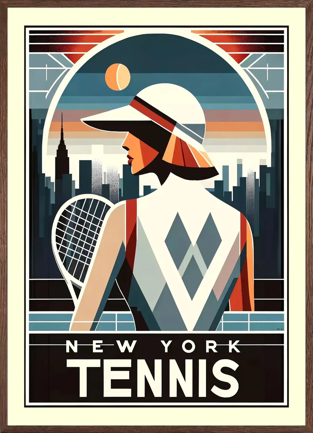 Cadre chene clair entourant joueuse de tennis de dos a la visiere, skyline de New York au crepuscule