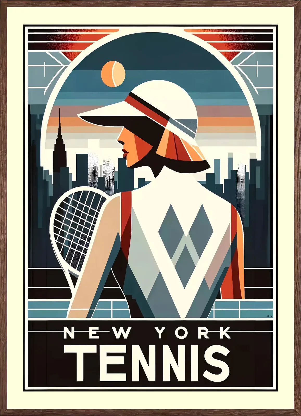 Cadre chene clair entourant joueuse de tennis de dos a la visiere, skyline de New York au crepuscule