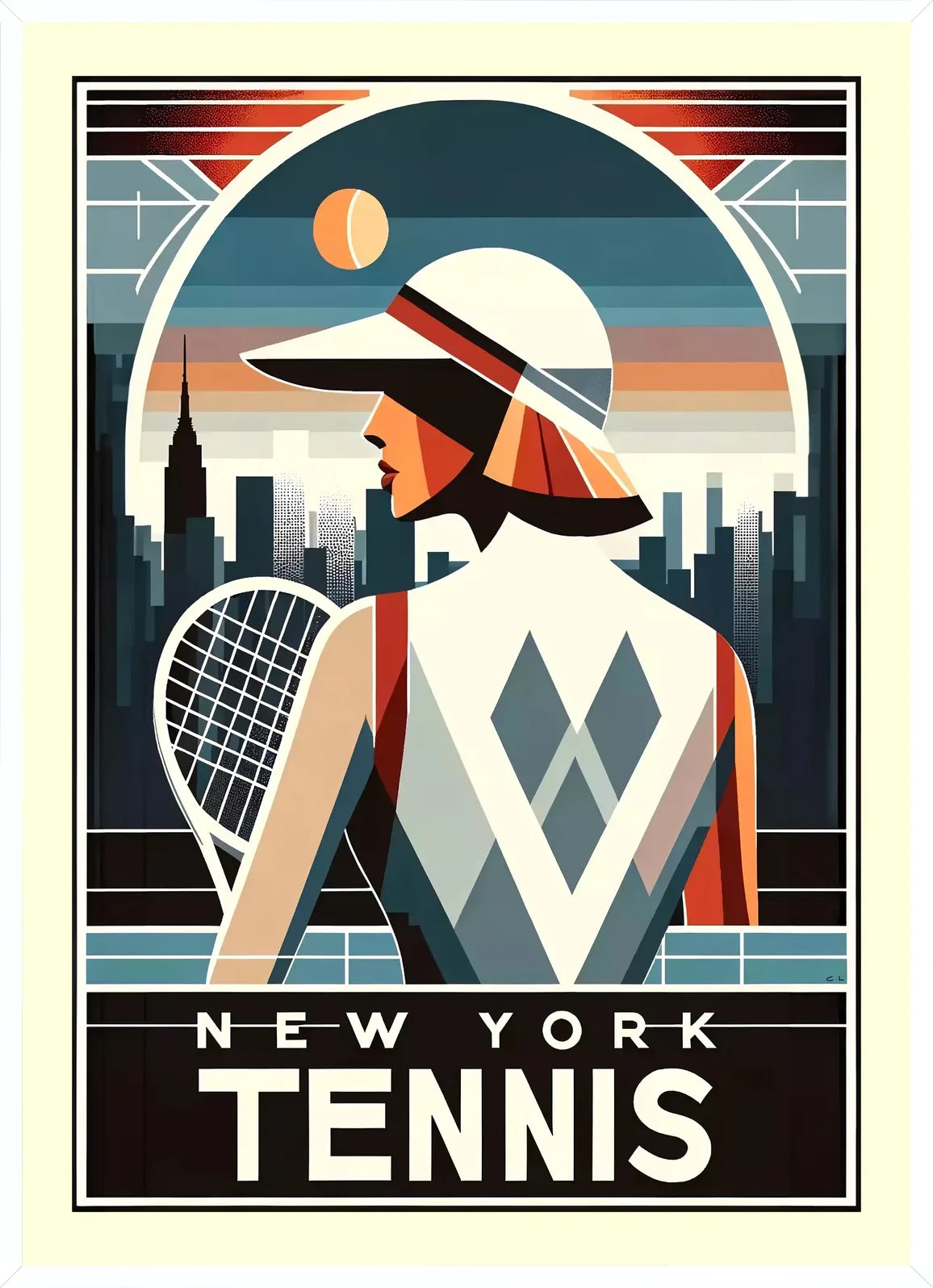 Cadre blanc epure presentant joueuse de tennis de dos a la visiere, skyline de New York au crepuscule