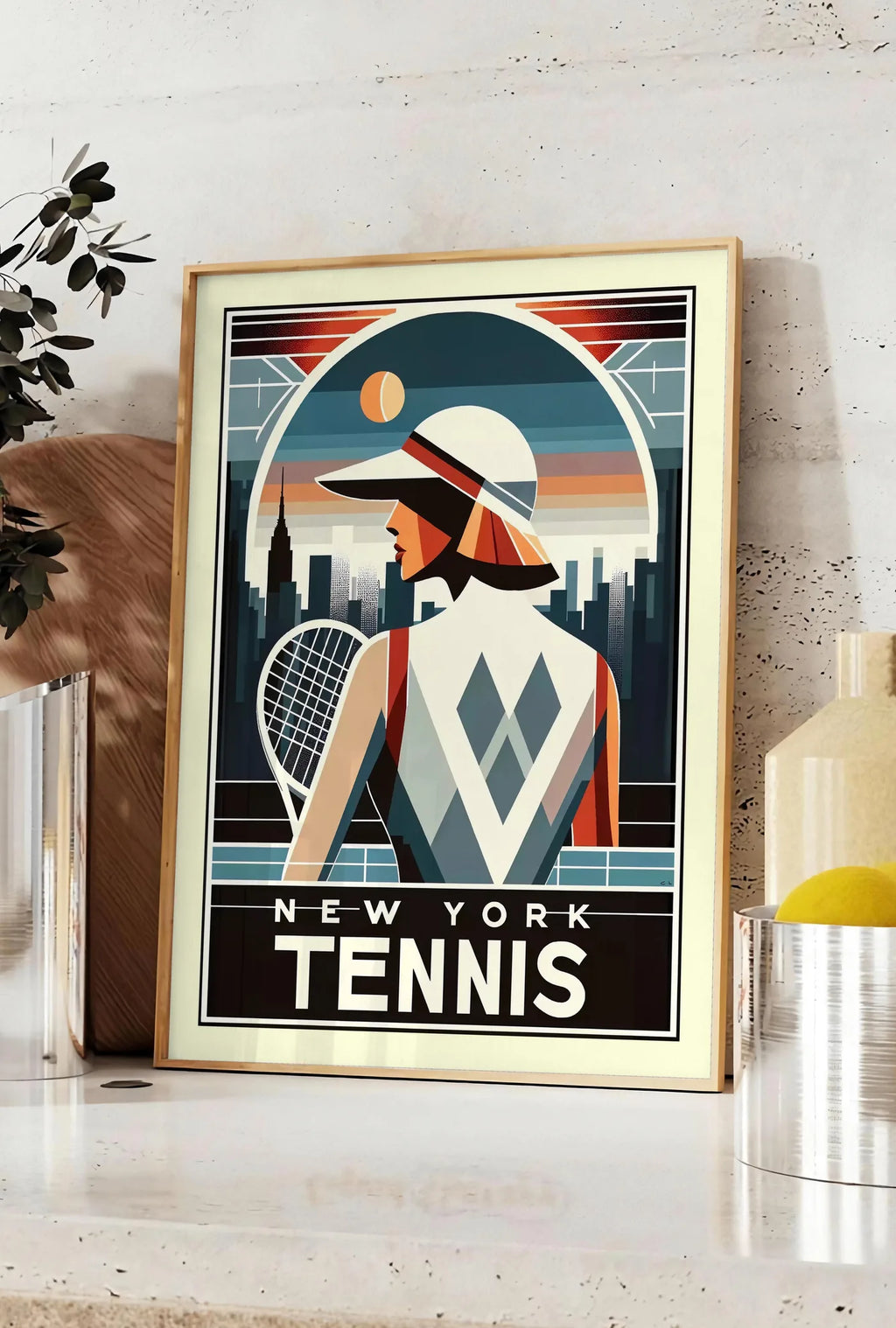 Affiche joueuse de tennis de dos a la visiere, posee sur un plan de travail de cuisine en pierre claire, entre une branche d'eucalyptus en vase et un bocal de citrons