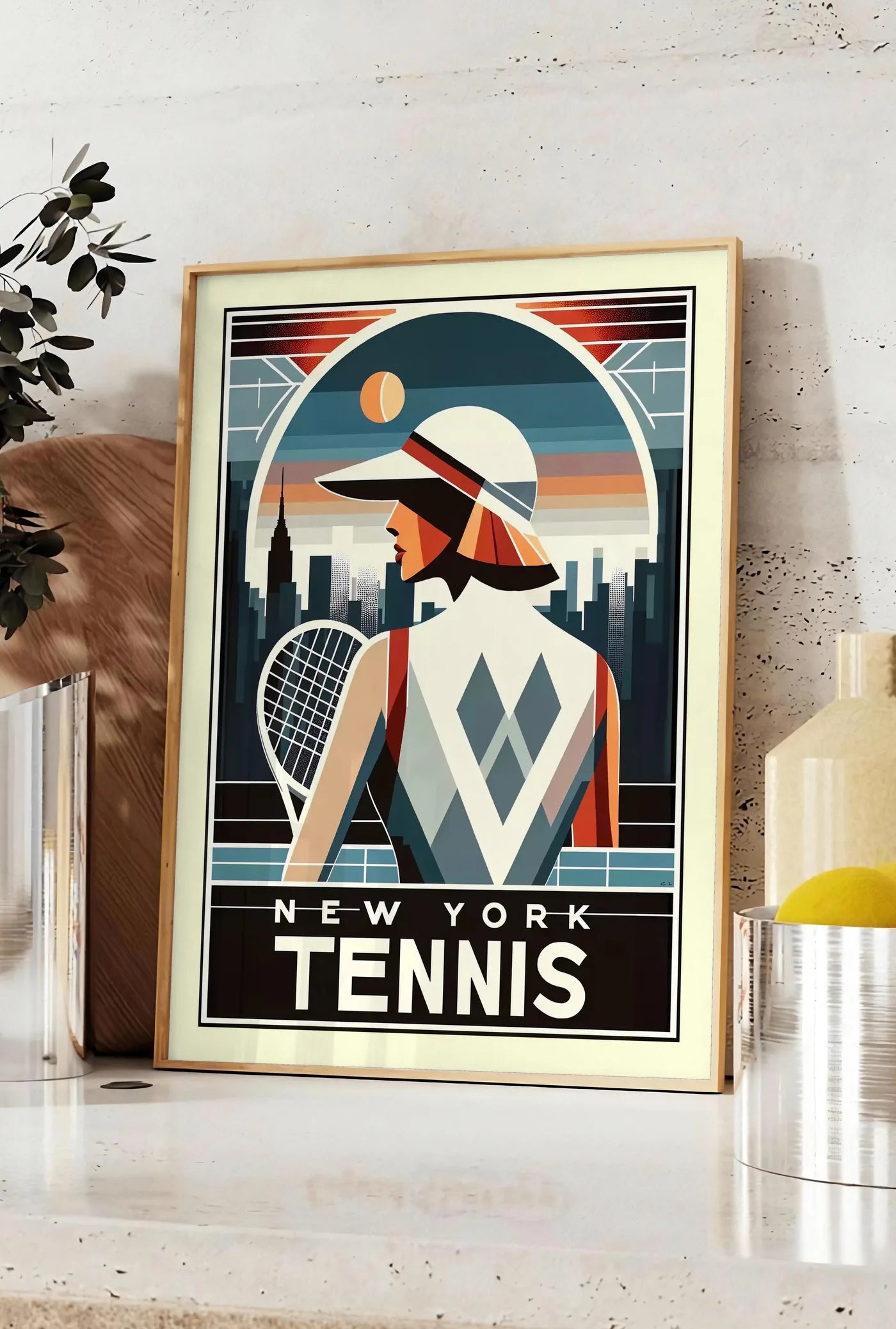 Affiche joueuse de tennis de dos a la visiere, posee sur un plan de travail de cuisine en pierre claire, entre une branche d'eucalyptus en vase et un bocal de citrons