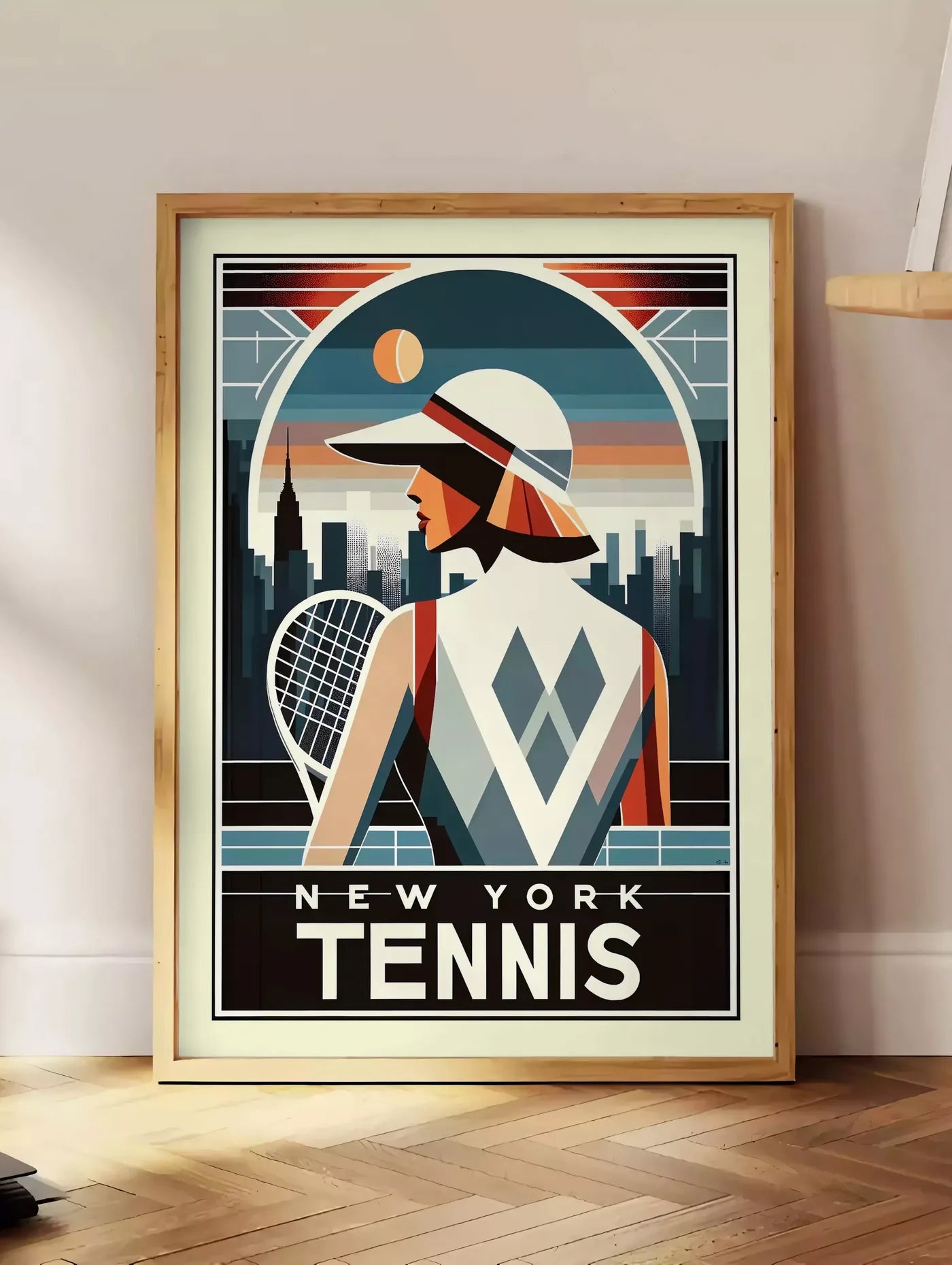 Estampe joueuse de tennis de dos a la visiere, posee au sol dans un coin salon, sur un parquet a chevrons, pres d'une table d'appoint en chene chargee de livres