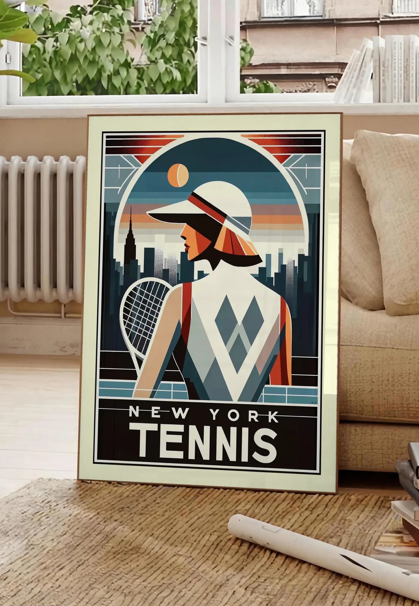 Poster joueuse de tennis de dos a la visiere, posee au sol dans un salon parisien, devant une grande fenetre donnant sur un immeuble haussmannien, entre un ficus et un canape creme