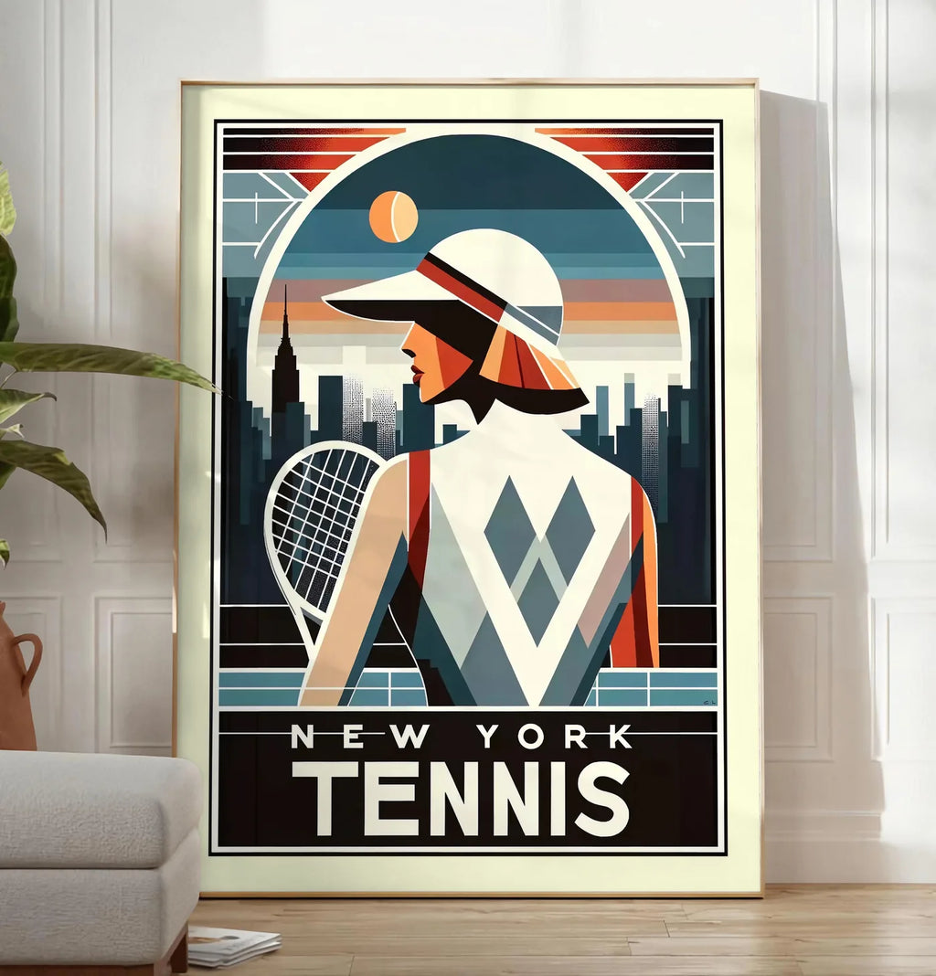 Reproduction joueuse de tennis de dos a la visiere, posee au sol dans un salon minimaliste clair, a cote d'un canape beige et d'une plante verte, sur un parquet clair