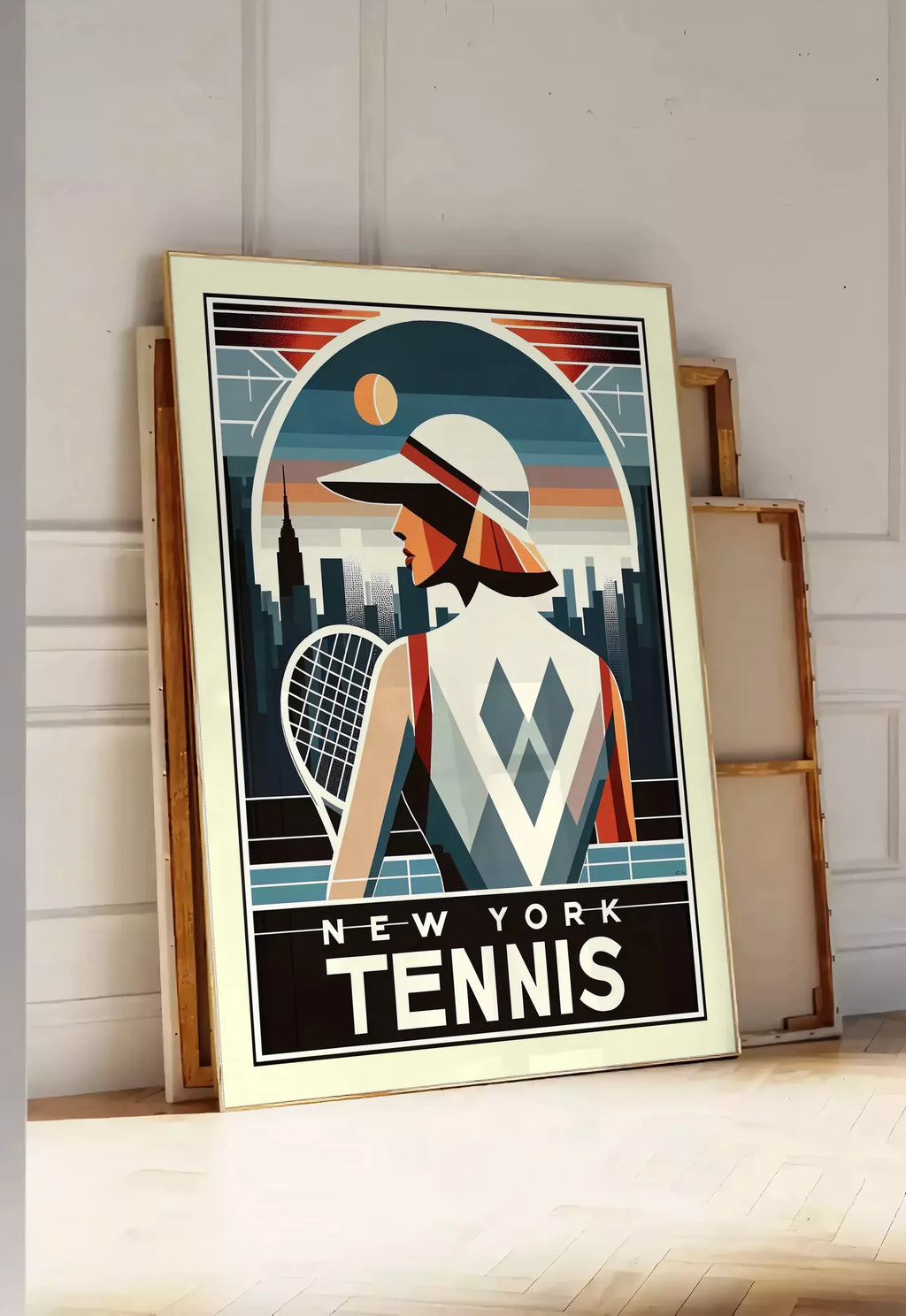 Tirage encadrable joueuse de tennis de dos a la visiere, posee au sol dans une entree lumineuse, contre un mur a panneaux blancs, a cote de chassis en bois empiles