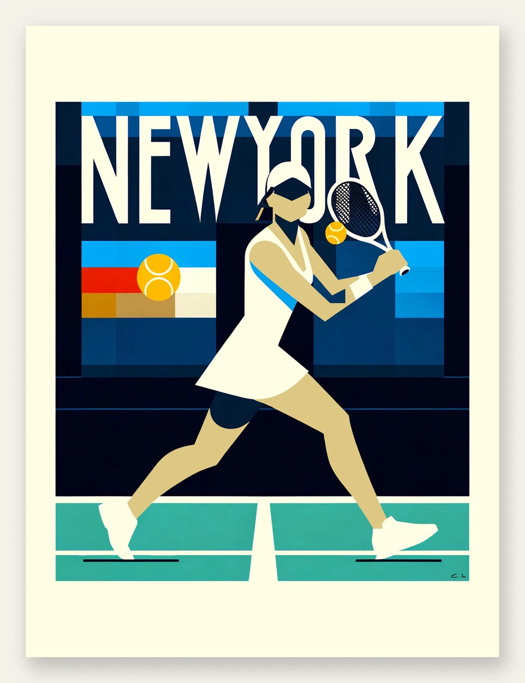 Affiche tennis New York, joueuse en revers sur court bleu turquoise