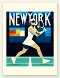 Affiche tennis New York, joueuse en revers sur court bleu turquoise