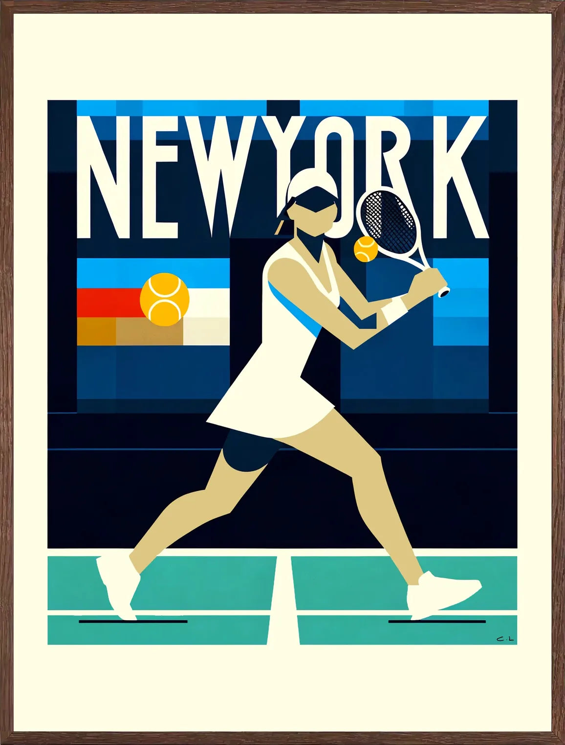 Cadre chene clair entourant l'affiche tennis New York joueuse