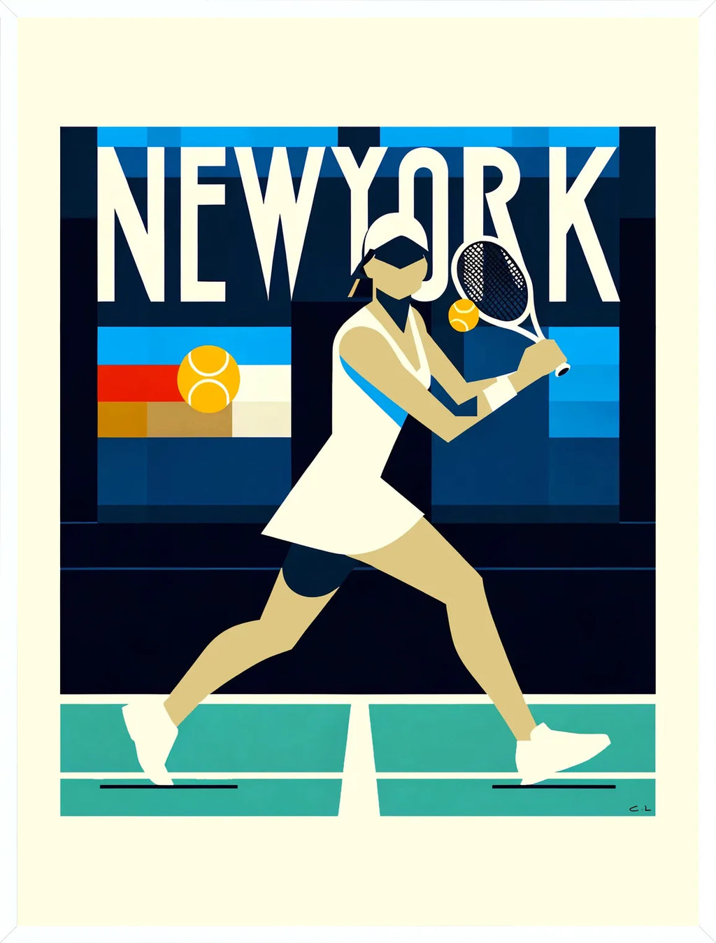 Cadre blanc epure presentant l'affiche tennis New York joueuse