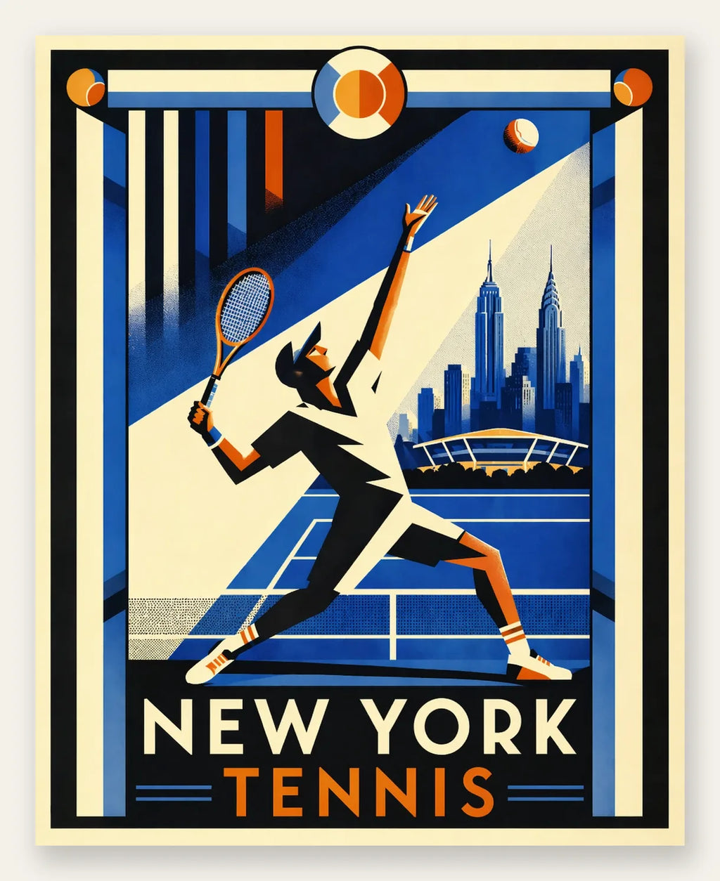 Affiche tennis New York art deco, joueur en service explosif et skyline de New York avec l'Empire State Building, dominant cobalt bleu