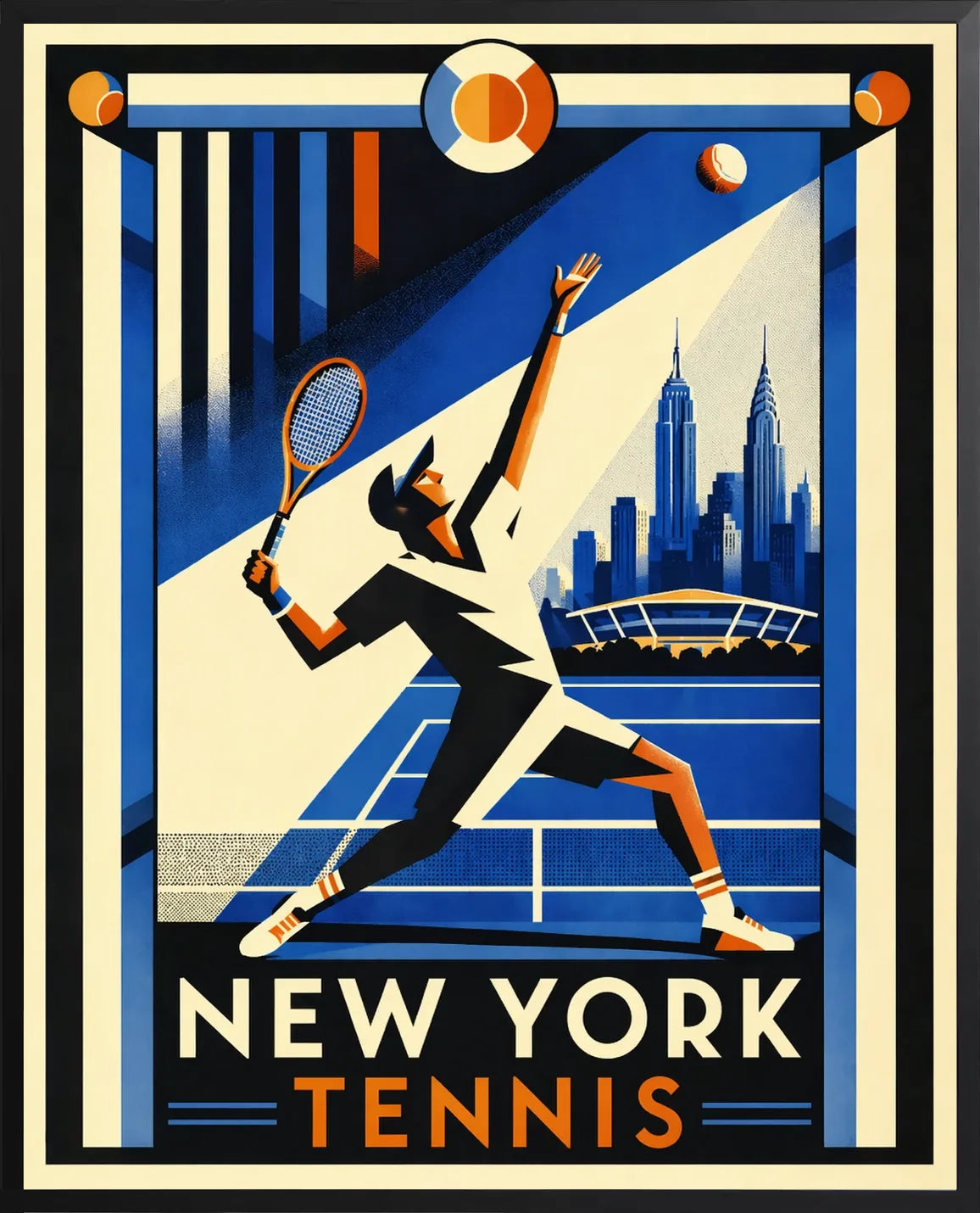 Encadrement noir mat presentant le joueur au service explosif et le skyline de New York cobalt