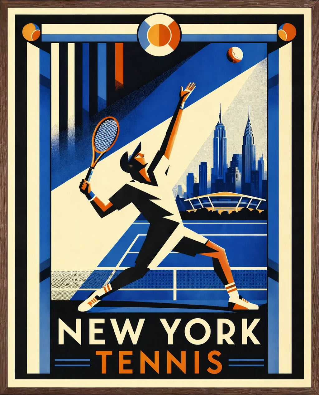 Cadre chene clair autour de l'affiche tennis New York service art deco de Cedric des Lauriers