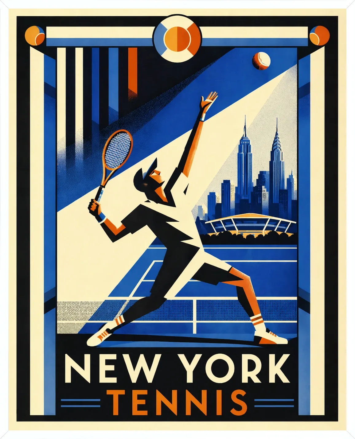 Cadre blanc epure pour l'affiche tennis New York joueur service Empire State