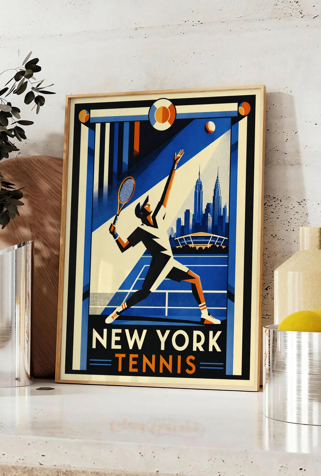 Affiche affiche tennis New York art deco, posee sur un plan de travail de cuisine en pierre claire, entre une branche d'eucalyptus en vase et un bocal de citrons