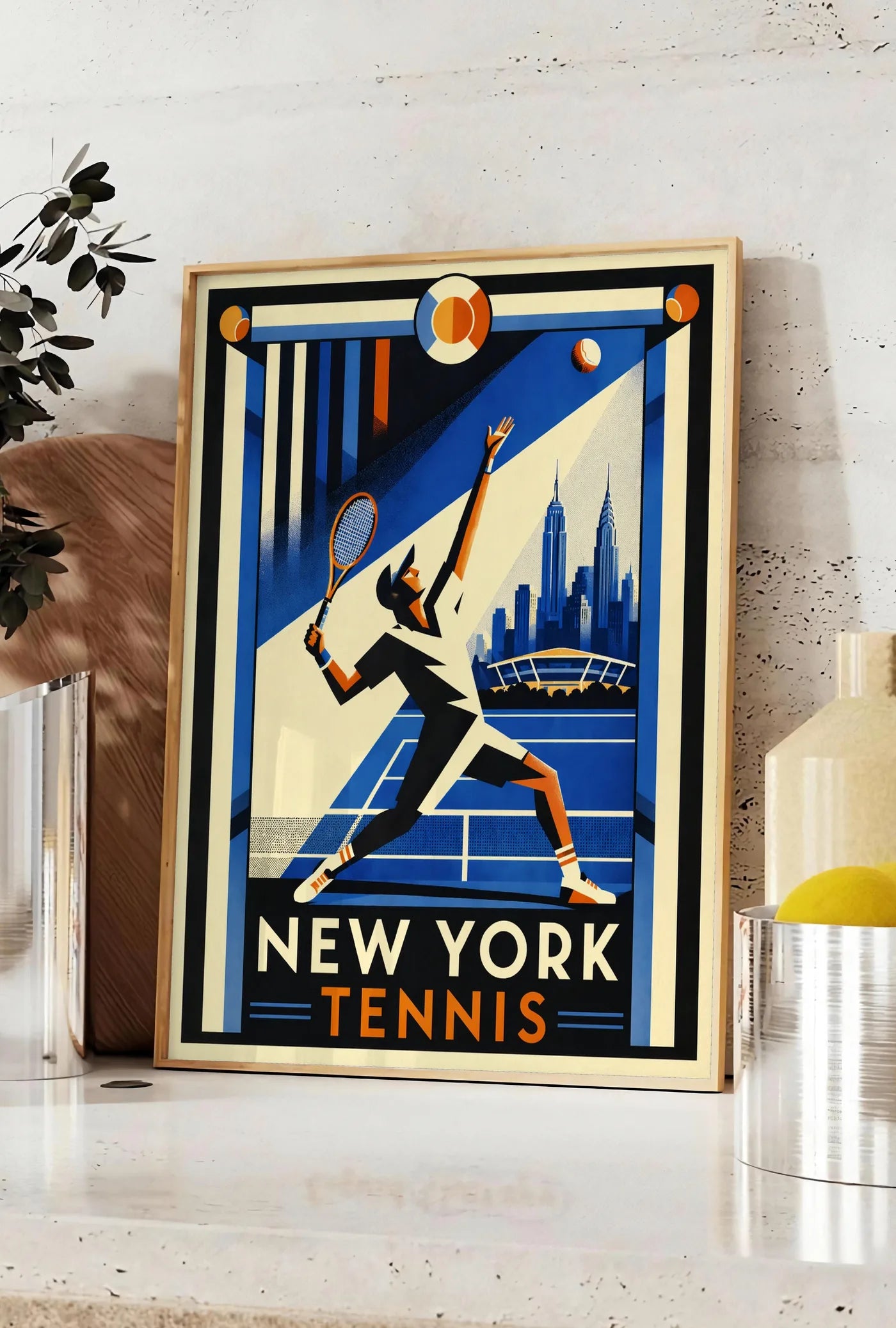 Affiche affiche tennis New York art deco, posee sur un plan de travail de cuisine en pierre claire, entre une branche d'eucalyptus en vase et un bocal de citrons