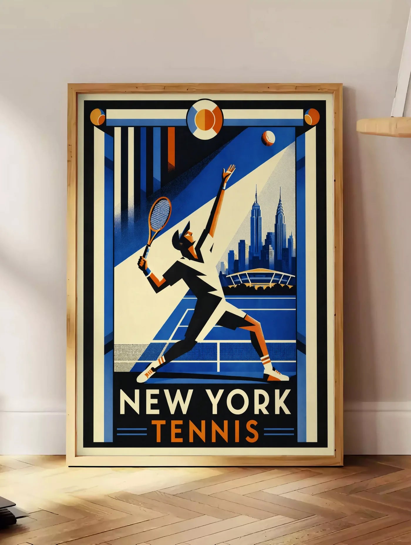 Estampe affiche tennis New York art deco, posee au sol dans un coin salon, sur un parquet a chevrons, pres d'une table d'appoint en chene chargee de livres
