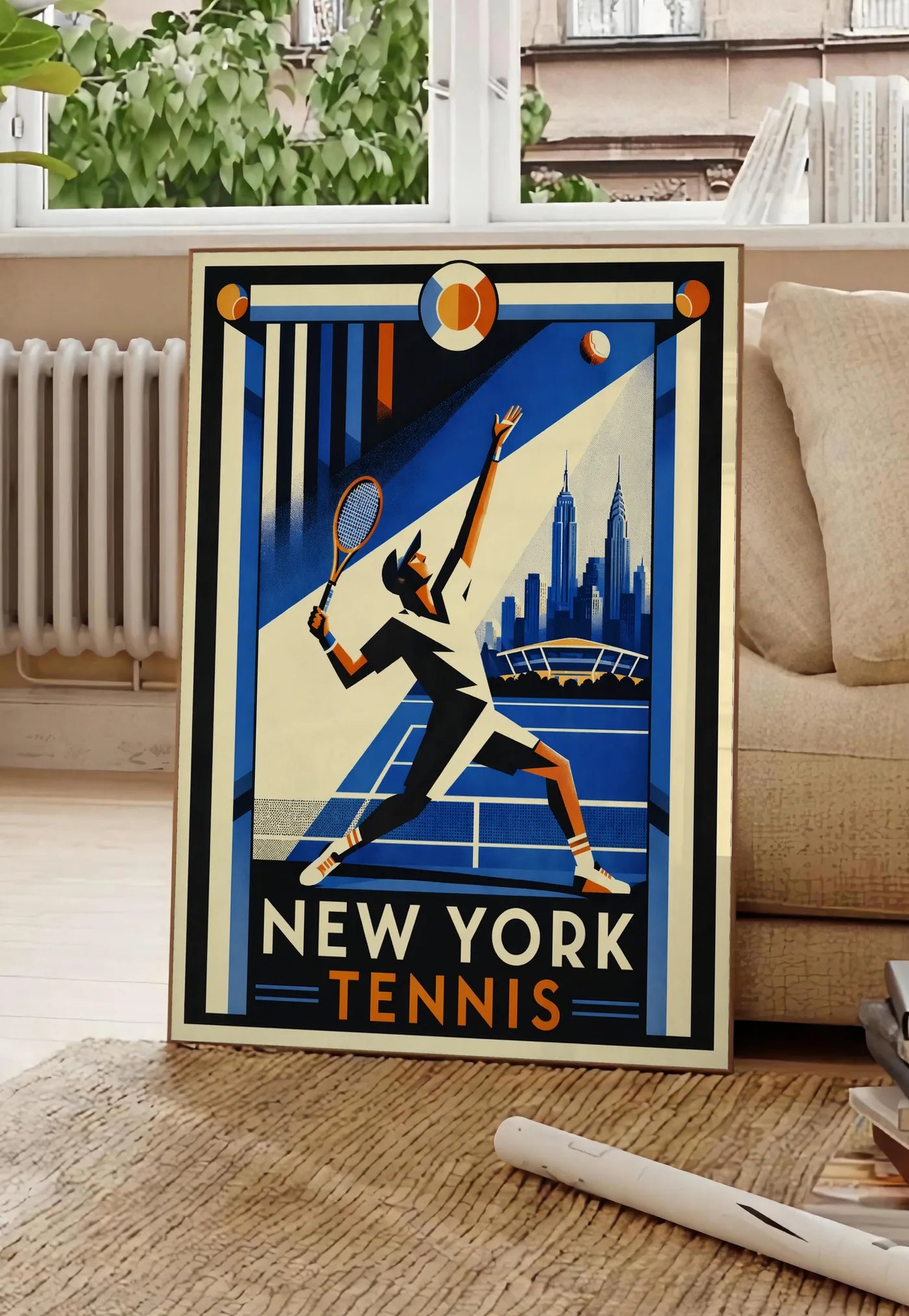 Poster affiche tennis New York art deco, posee au sol dans un salon parisien, devant une grande fenetre donnant sur un immeuble haussmannien, entre un ficus et un canape creme