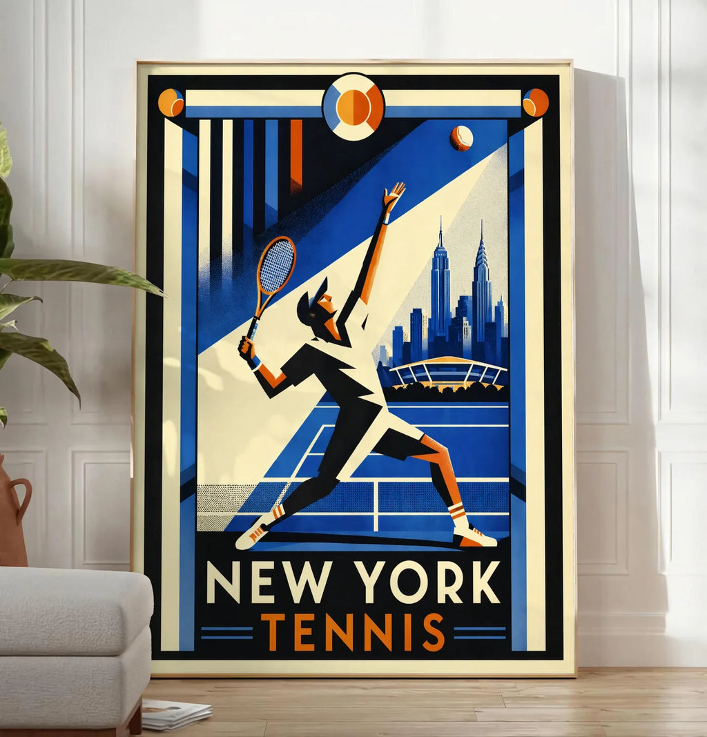 Reproduction affiche tennis New York art deco, posee au sol dans un salon minimaliste clair, a cote d'un canape beige et d'une plante verte, sur un parquet clair