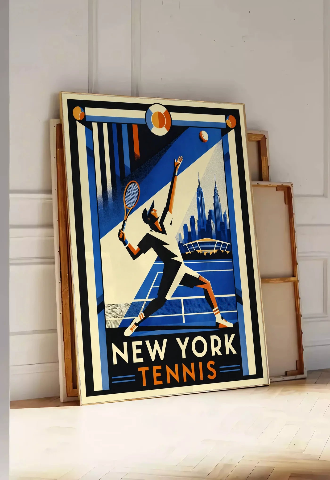 Tirage encadrable affiche tennis New York art deco, posee au sol dans une entree lumineuse, contre un mur a panneaux blancs, a cote de chassis en bois empiles