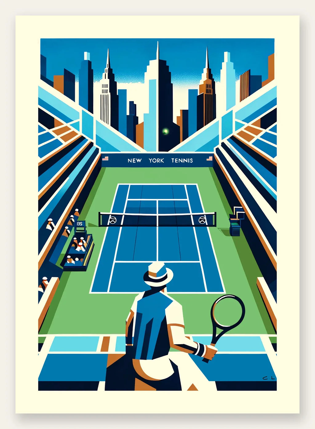 Court de tennis bleu et joueur de dos, skyline de New York