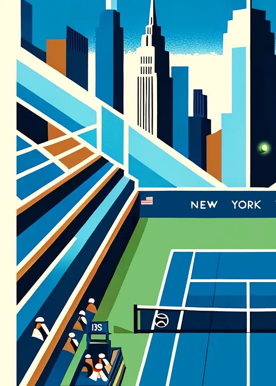 Gros plan sur court de tennis bleu et joueur de dos, skyline de New York