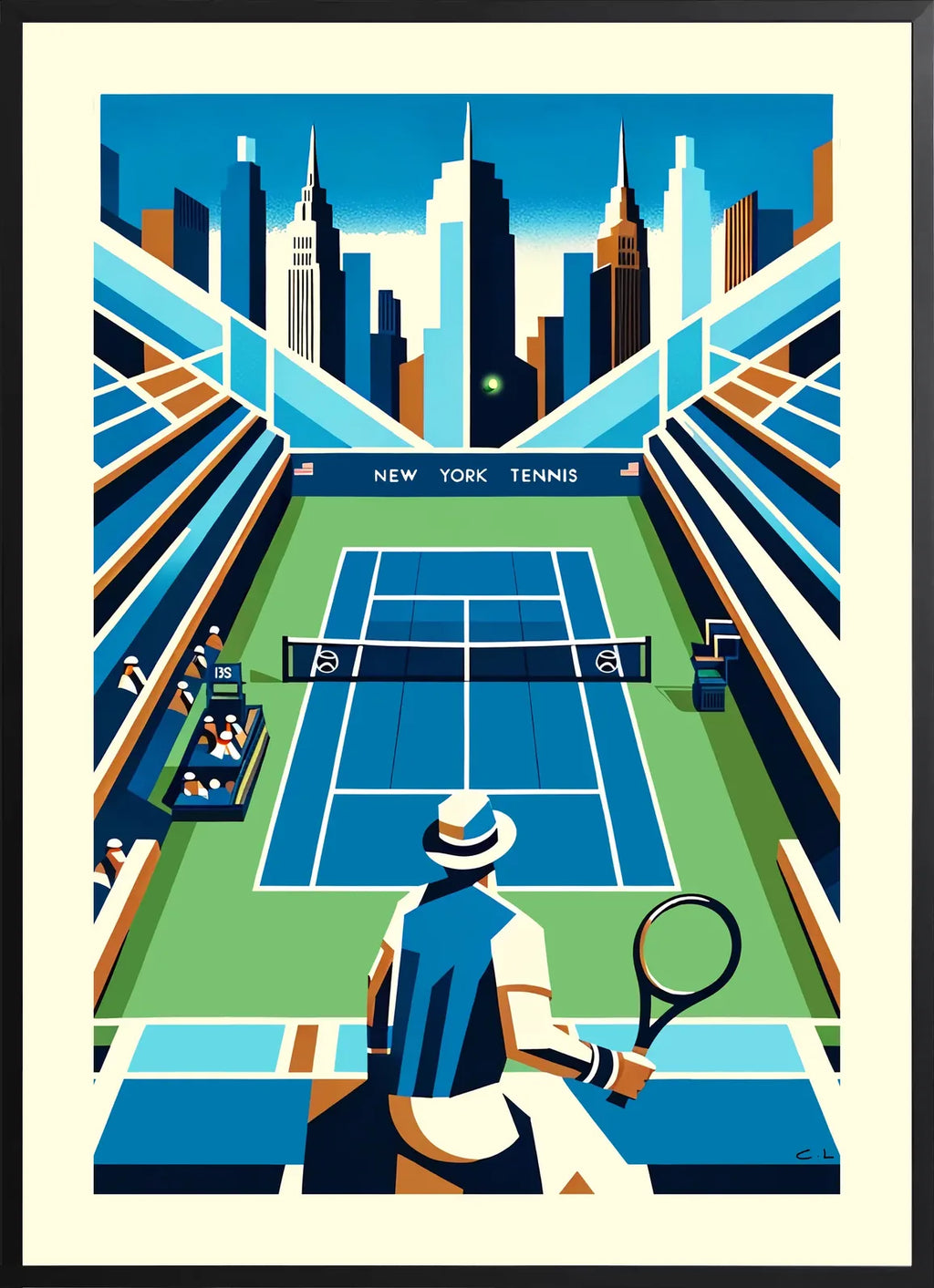 Encadrement noir mat autour de court de tennis bleu et joueur de dos, skyline de New York