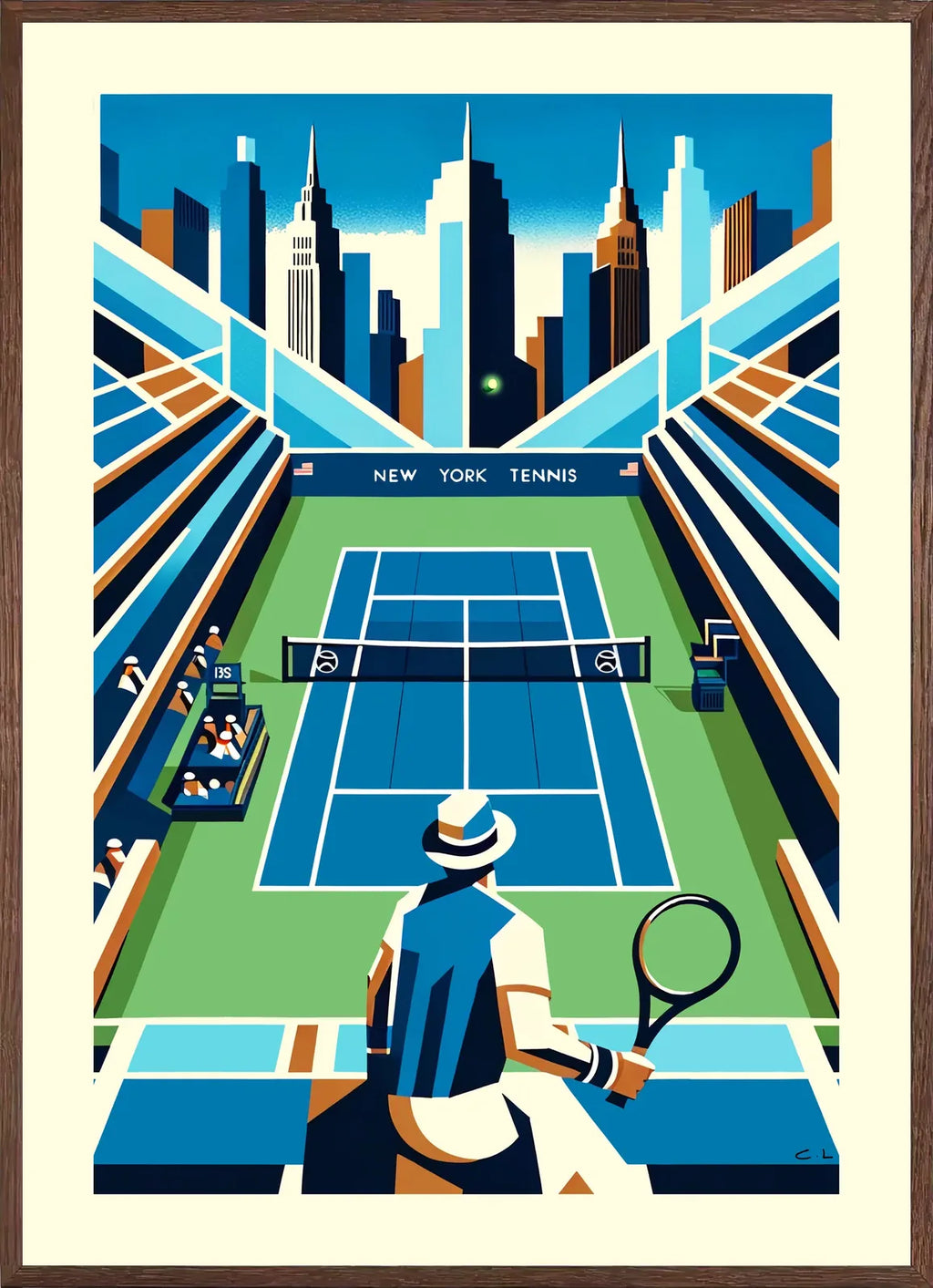 Cadre chene clair entourant court de tennis bleu et joueur de dos, skyline de New York