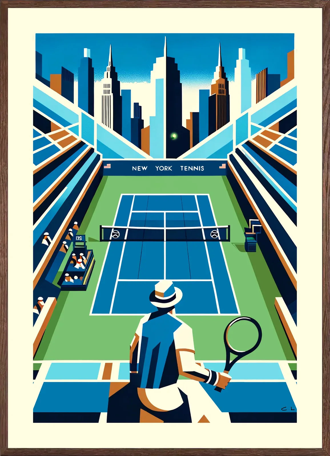Cadre chene clair entourant court de tennis bleu et joueur de dos, skyline de New York