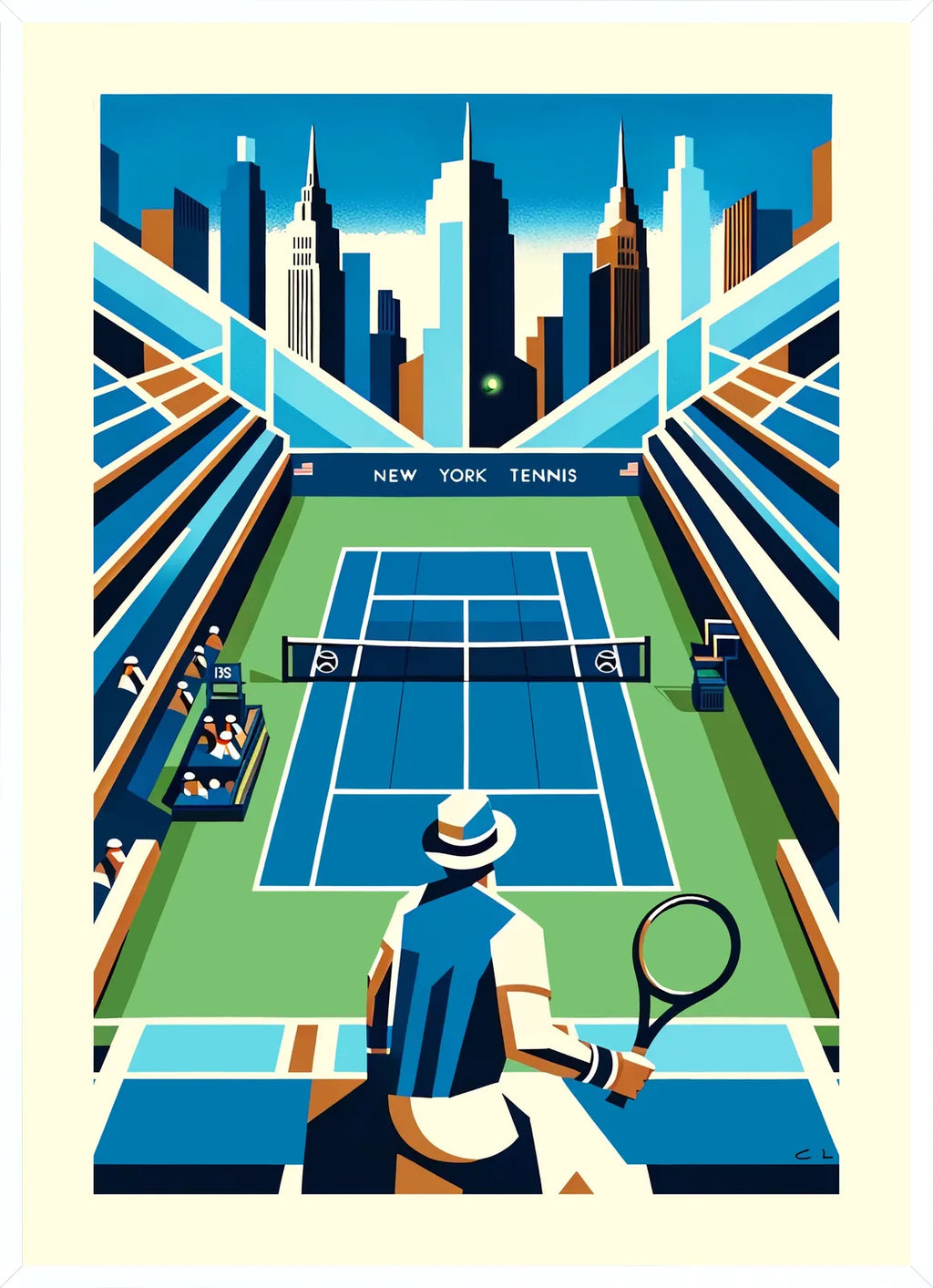 Cadre blanc epure presentant court de tennis bleu et joueur de dos, skyline de New York