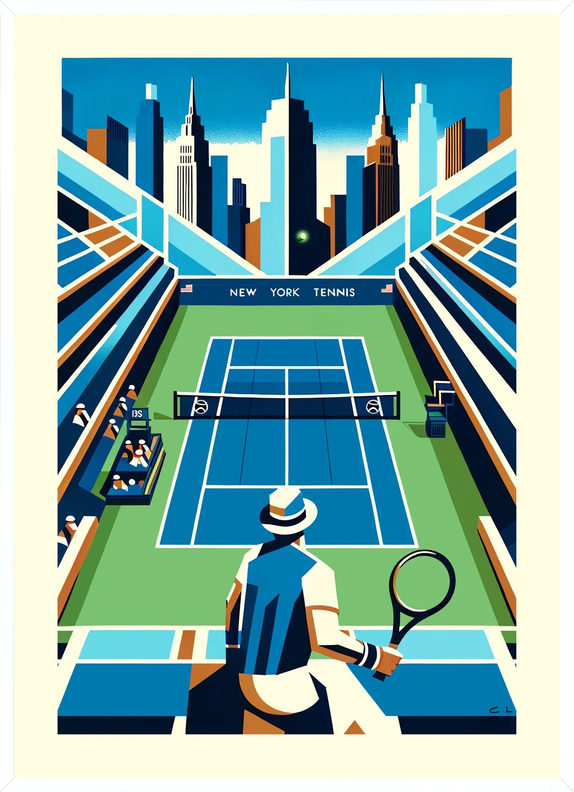 Cadre blanc epure presentant court de tennis bleu et joueur de dos, skyline de New York