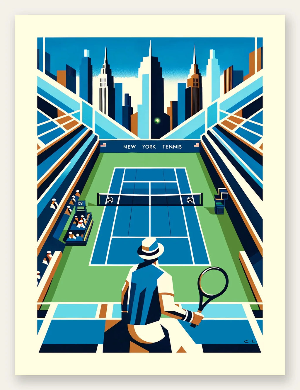 Court de tennis de stade et joueur, skyline de New York