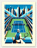 Court de tennis de stade et joueur, skyline de New York