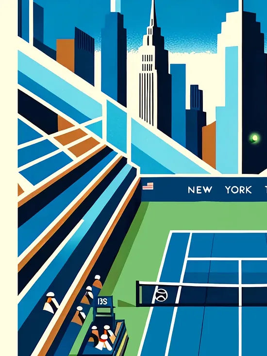 Gros plan sur court de tennis de stade et joueur, skyline de New York