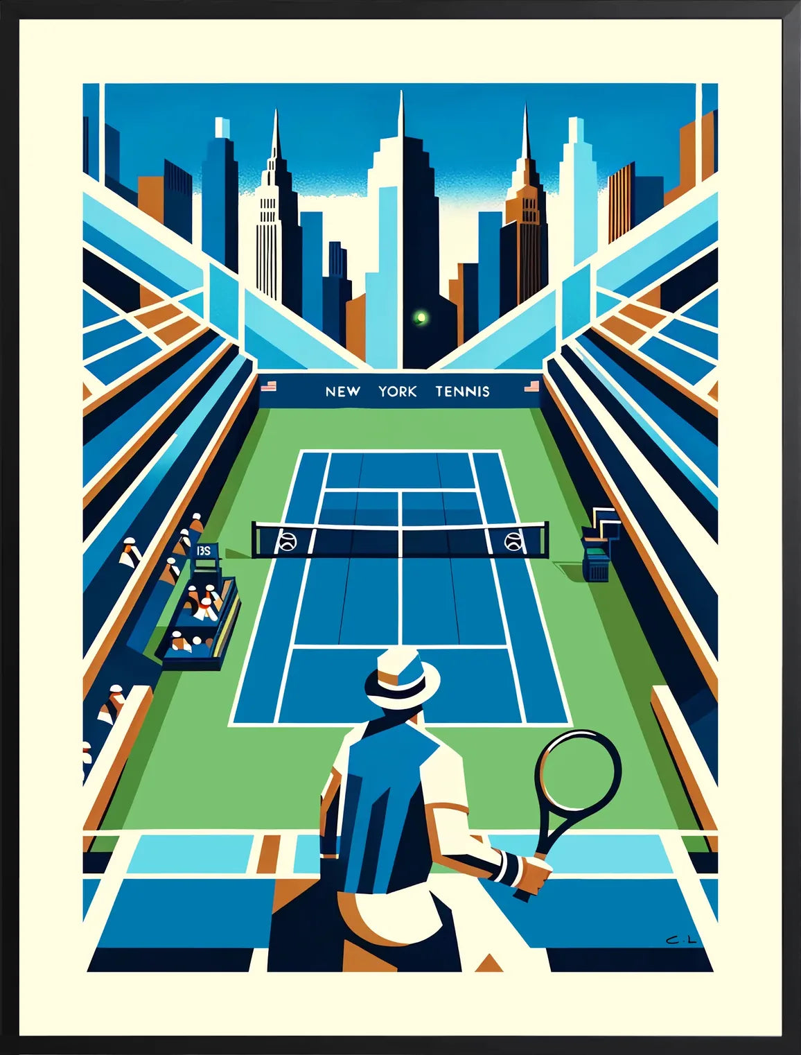 Encadrement noir mat autour de court de tennis de stade et joueur, skyline de New York