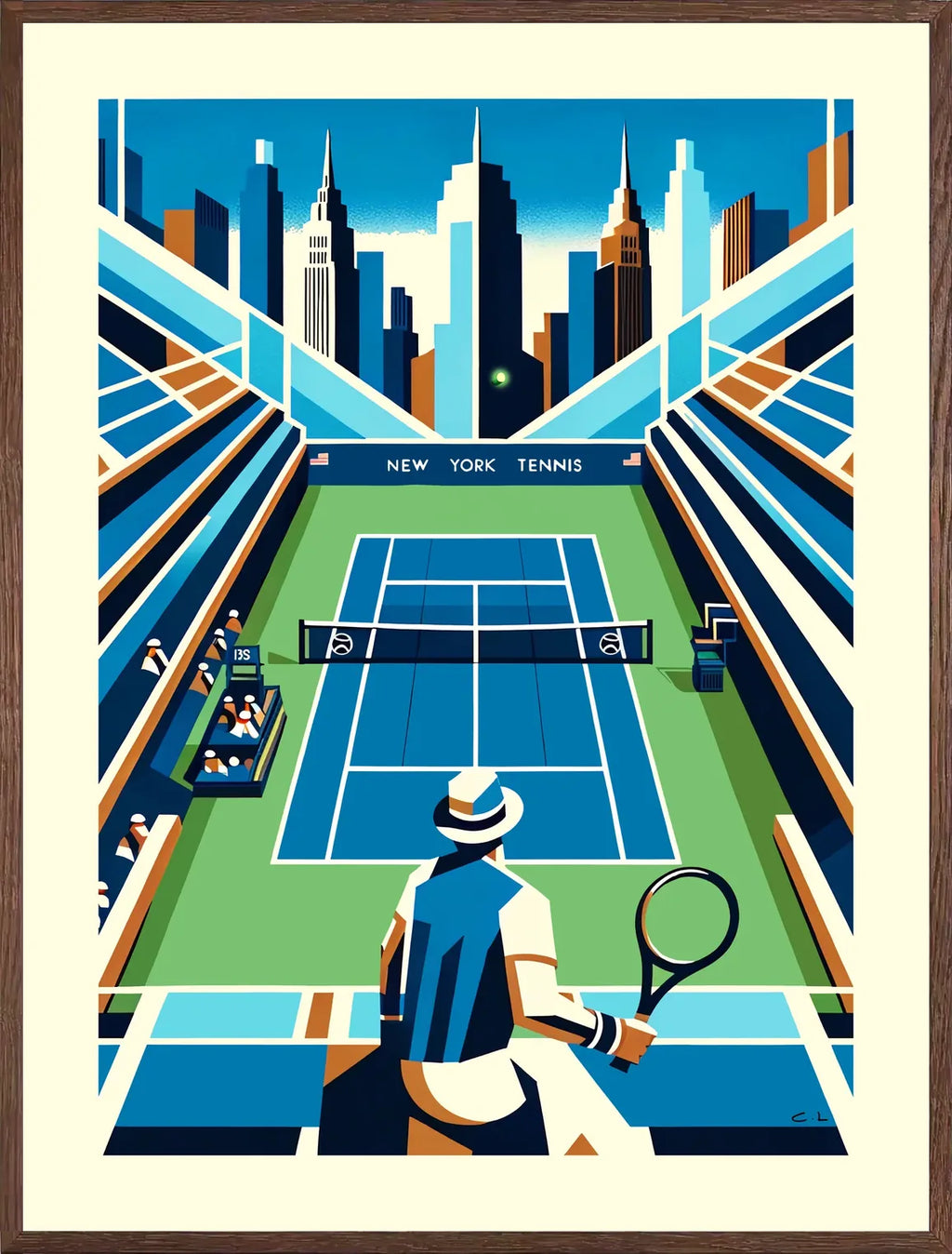 Cadre chene clair entourant court de tennis de stade et joueur, skyline de New York