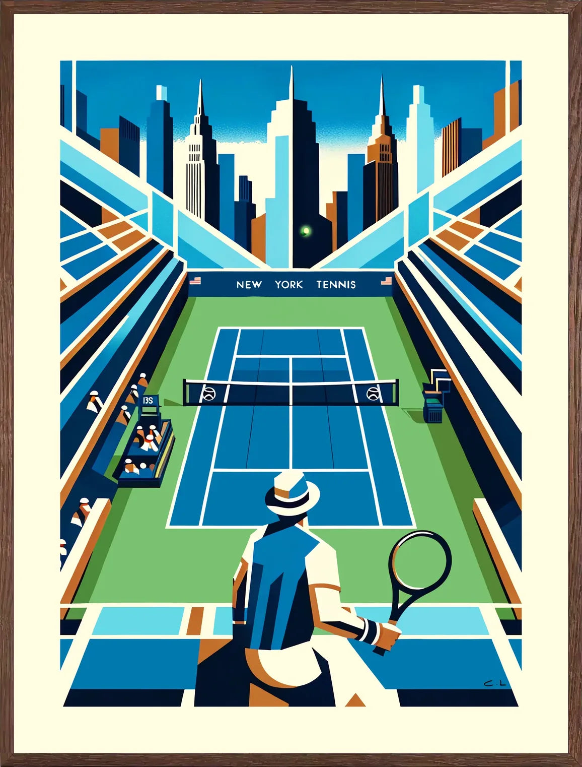Cadre chene clair entourant court de tennis de stade et joueur, skyline de New York