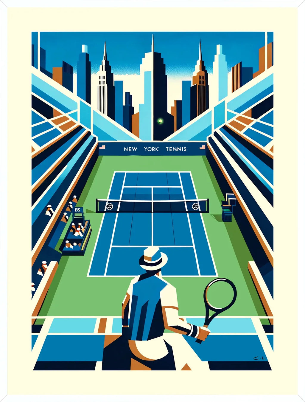 Cadre blanc epure presentant court de tennis de stade et joueur, skyline de New York