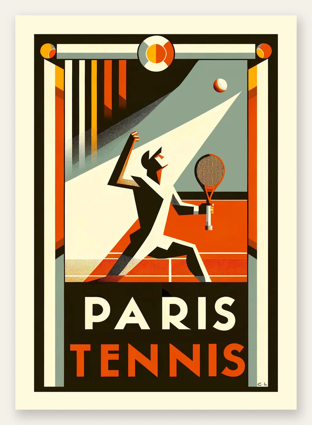 Affiche tennis Paris Art Deco, joueur au service sur terre battue orange